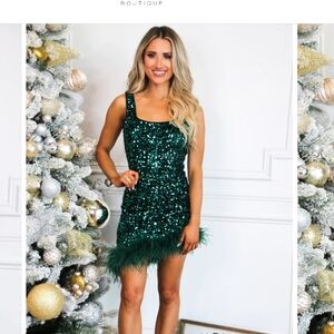 NWT Emerald Sequin Asymmetrical Dress with feather trim Size L